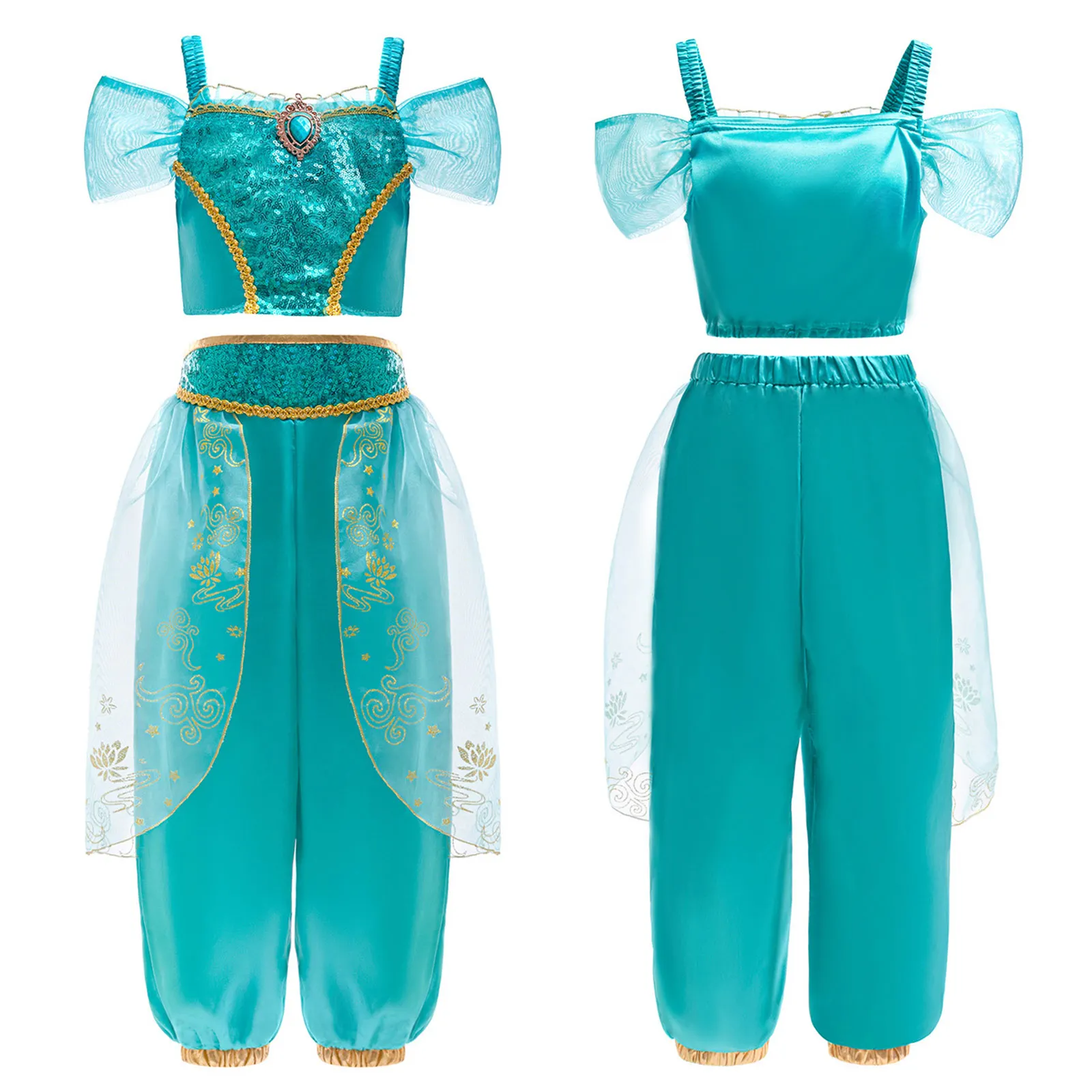 

Girls Halloween Theme Party Carnival Arab Jasmine Princess Cosplay Costume Sequins Rhinestone Crop Top with Mesh Overlay Pants