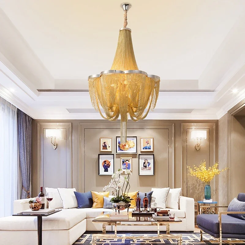 Modern 2025 Vintage Aluminum Chain Tassel Chandelier Lighting Villa House Decoration Suspension Luminaire Luxury Chain Lustres