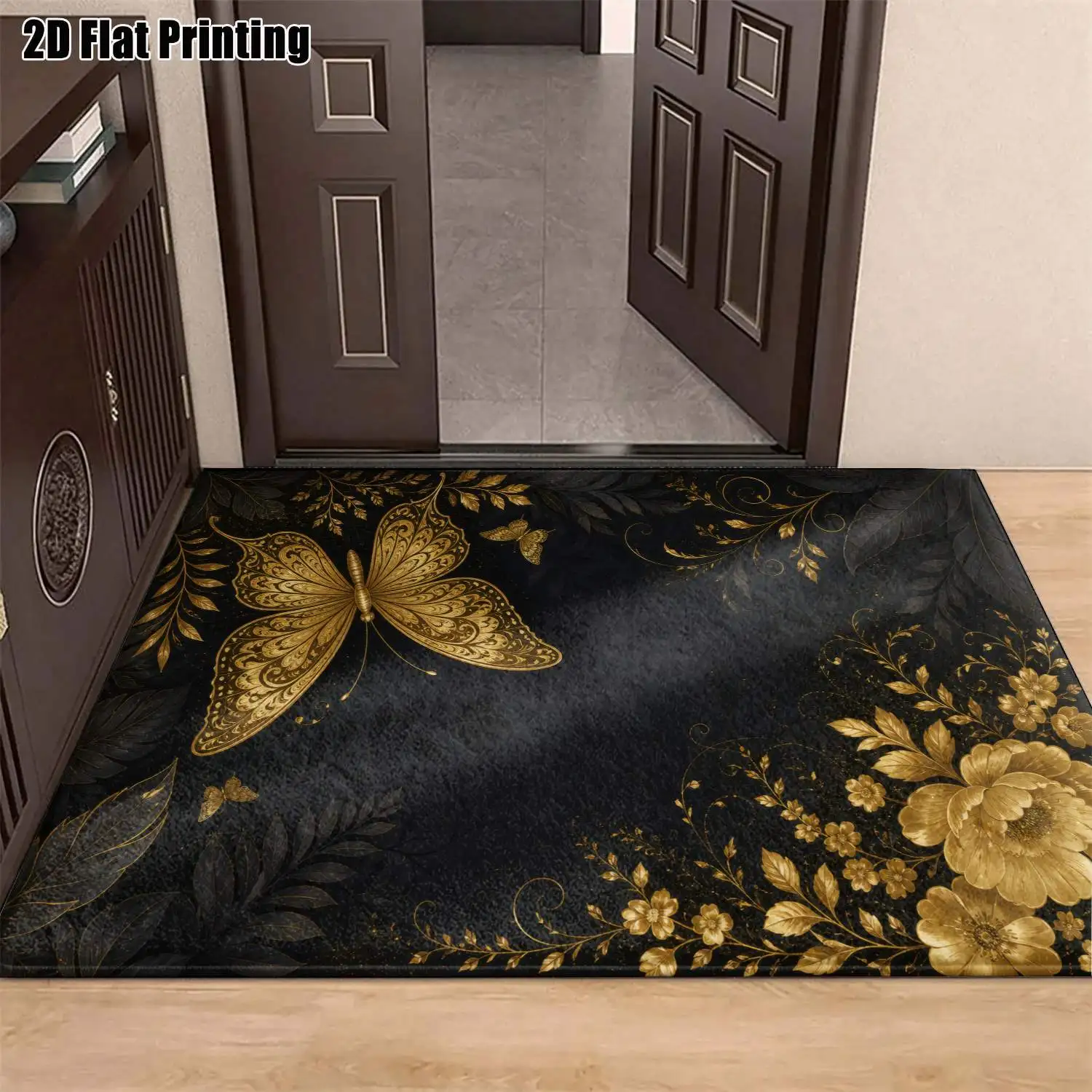 1Pc 2D Printed Carpet: Black & Gold Butterfly, Floral, Vintage, Bohemian, Geometric European Style Home Decor, Multi-Size, Machine Washable, Suitable for Entryway, Dining Room, Foyer, Bedroom, Living Room.