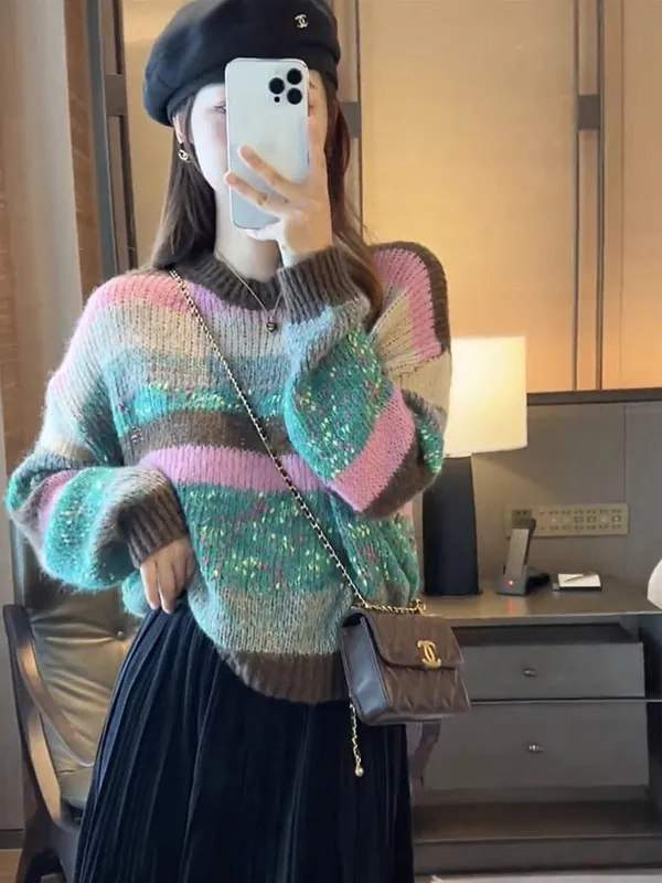 

Korean Sle round Ne Striped Knit Sweater Women's Thiened Autumn Winter New Faionable T-irt Overhead Top