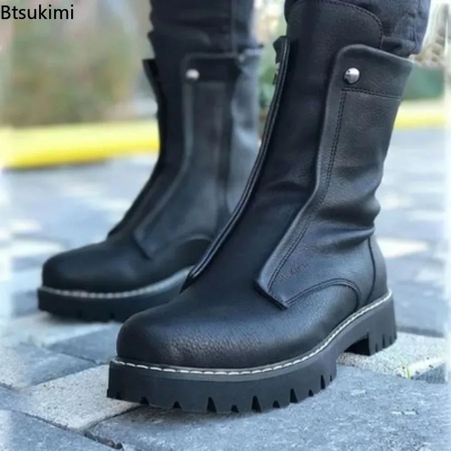 2026 New Big Size Men's Fashion High Top Round Toe Boots PU Leather Shoes Black Stylish Thick Soled Boot Short Motorcycle Botas