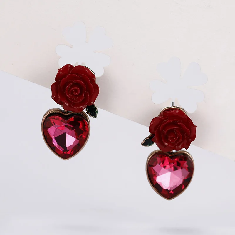 Vintage Jewelry Accessories Wholesale Beautiful Valentines Day Gift Love Heart Red Rose Flower Stud Earrings for Women