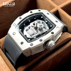 BAOGELA Silver Black Watch Men Military Sport Quartz Wristwatch with Tonneau Skeleton Dial Luminous Hands Silicone Strap 4141