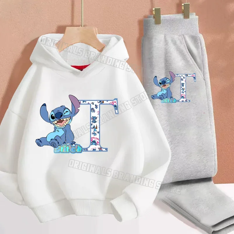 Stitch Disney Sweatshirt Suit Children Boy Girl Plush Kawaii Hoodies+pants Trendy Print Hoodie Sweatpants Anime Clothes Set Gift