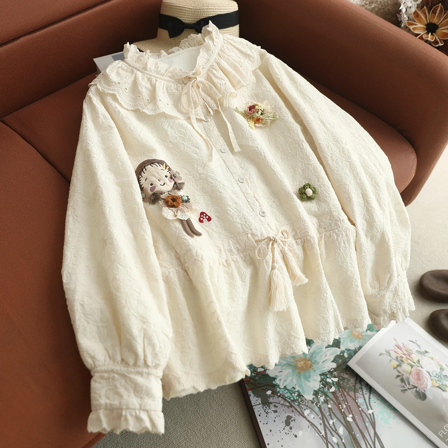 

Japanese Sweet Mori Girl Cartoon Appliques Embroidery Cotton Shirts Women Spring Autumn Ruffled Collar Long Sleeve Casual Blouse