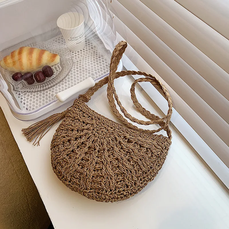 Mode Halbkreis Stroh Gewebt Schulter Umhängetasche Reise Kleine Handtasche Damen Sommer Handgemachte Rattan Quaste Design Strand Tasche – Detail 15