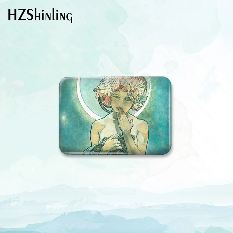 2023 New Moonlight Alphonse Mucha Earring Badge Brooch Season Art Rectangle Button Pin Backpack Decoration Round Jewelry Gift