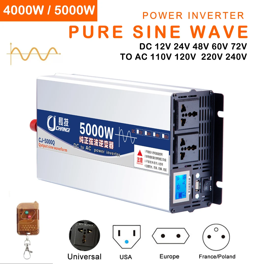 

Pure Sine Wave Inverter Power 4000W 5000W 12V 24V 48V 60V 72V To AC 110V 220V Converter Solar Car Inverters Off Grid Transformer