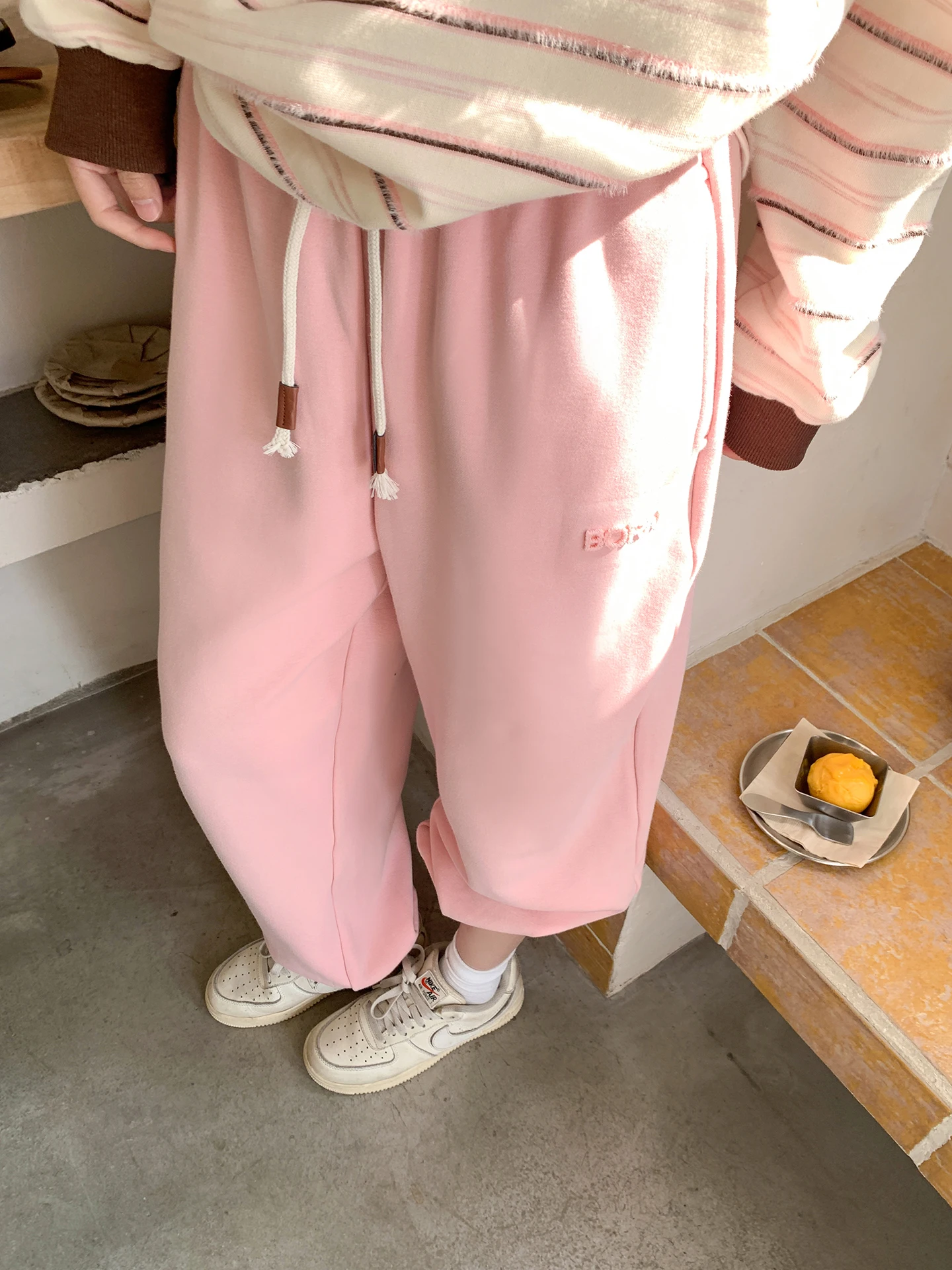 

Pink Fce Lined Wide Leg Casual Pants Women's Autumn Winter Loose Fit Trousers Comfortable High Waist Elastic Waisand