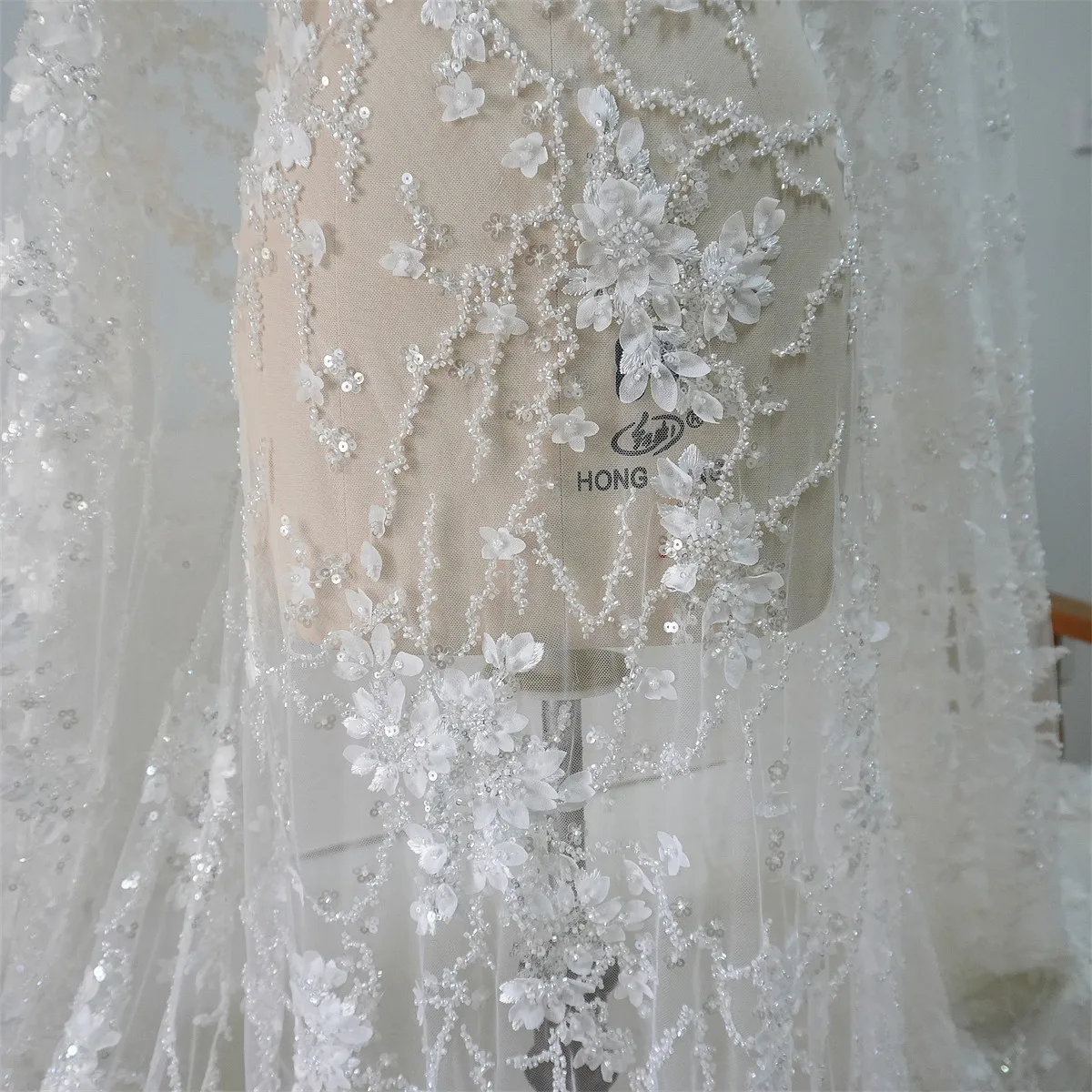 

New 3D Flower Nail Bead Embroidery Fabric for Wedding Dresses, Children's Clothing, Hanfu, Qipao Fabrics Background Decoration