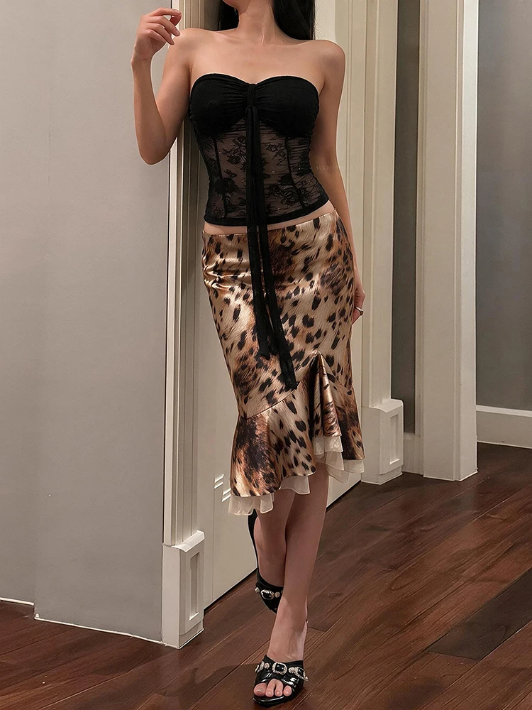 Weird Puss Sexy Hottie 2-teiliges Set Damen Jacquard Patchwork Band Rüschen-Tanktops + Leopardenmuster Lange Röcke Party-Mode-Anzug – Detail 3