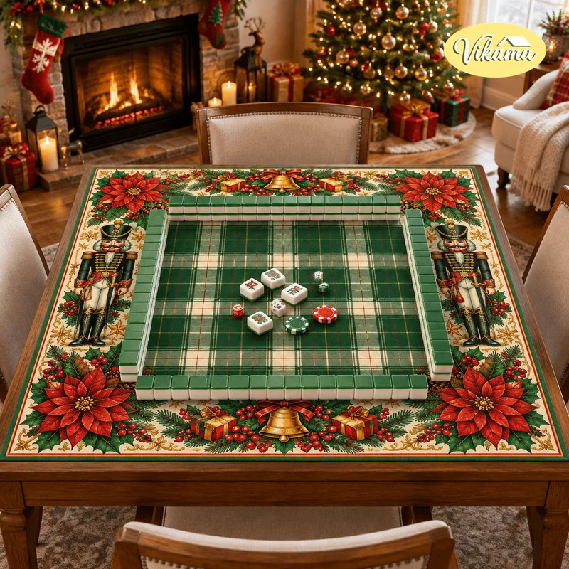 VIKAMA Classic Nutcracker Christmas Mahjong Table Cover Poinsettia Bell Holly Checkered Anti Slip Game Mat for Xmas Game Night