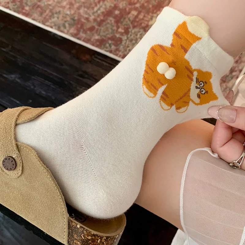 1/3 أزواج مضحك القط بعقب البيض الجوارب النساء الكرتون القط القطن مزيج منتصف جوارب أنبوبية لطيف الحيوان طباعة الجدة طاقم جوارب الجوارب #3