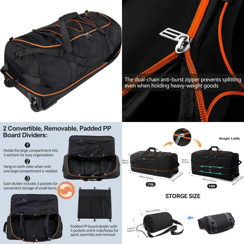 

Expandable Soft-Sided Foldable Duffle Bag 110L/140L with 2 Rubber Wheels, Packable 32 Rolling Carry-On, Multi-Pockets & Compact
