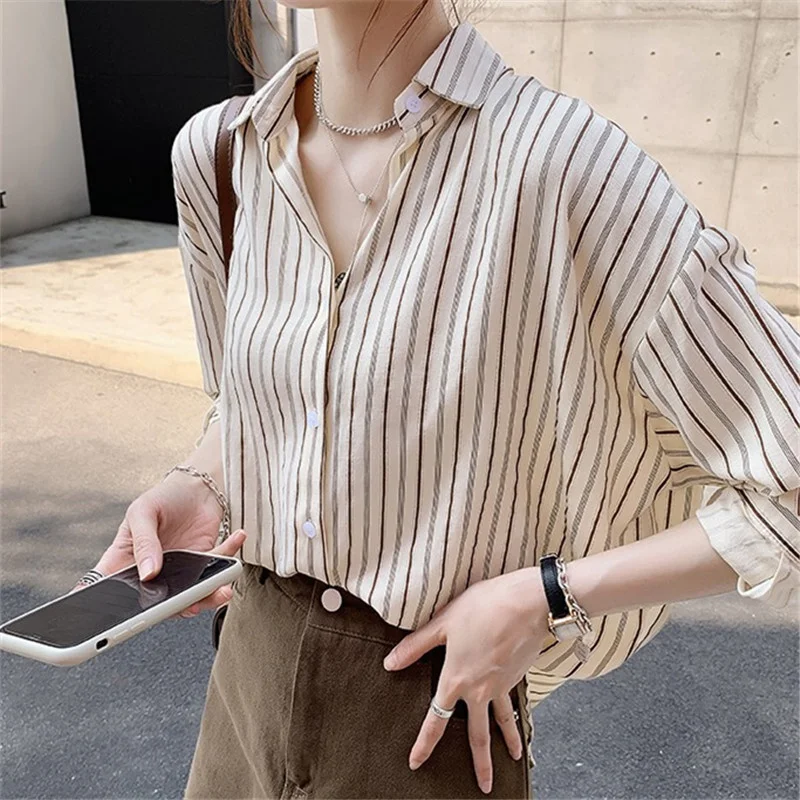 

Camisas Y Blusas Mujer Korean Style Button Down Long Sleeve Shirt Office Striped Blouses for Women Tops Work Clothes Outfits