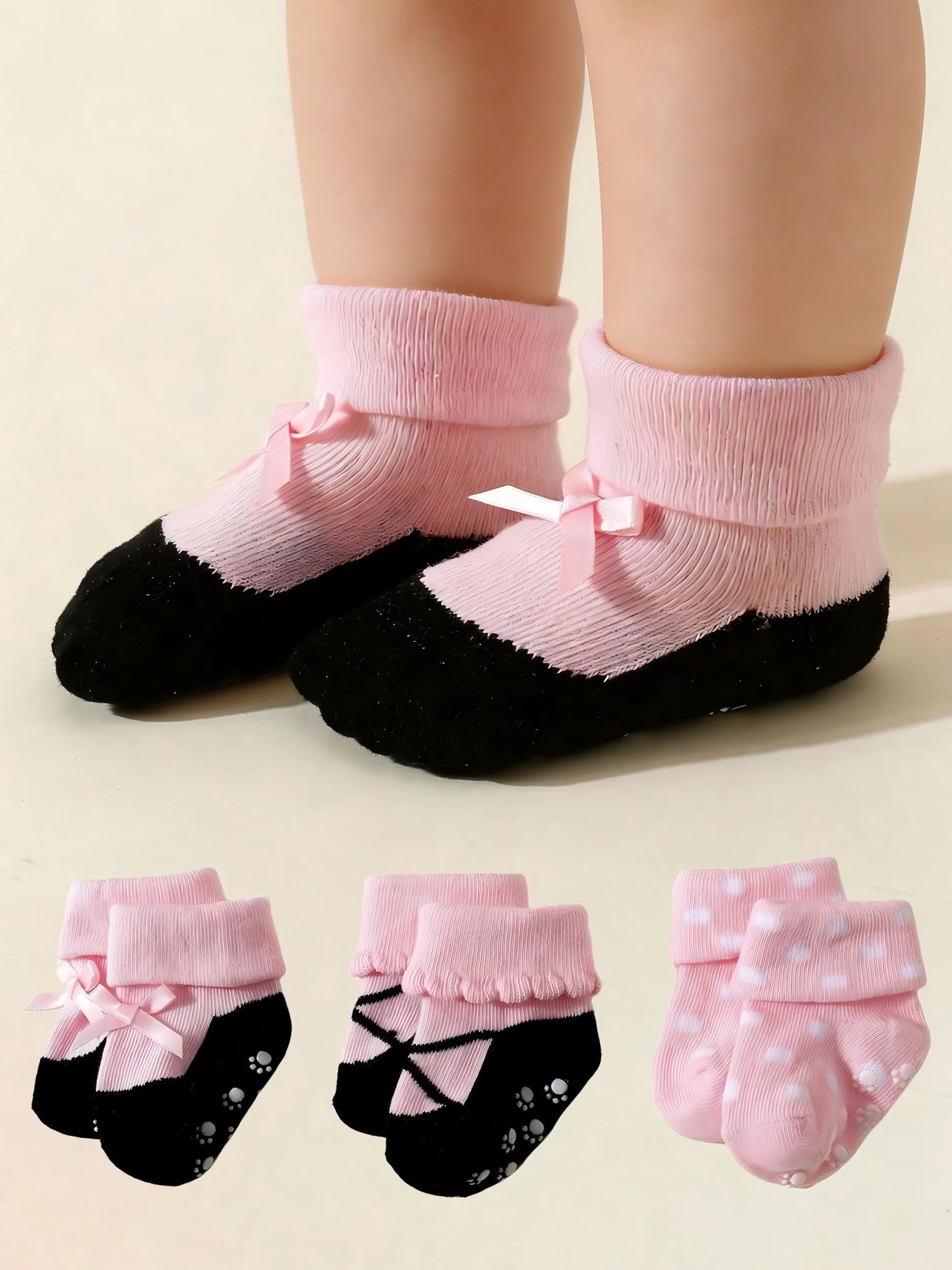 3Pcs Baby Girls Ankle Socks Mixed Ballet Bow Polka Dot Fold Over Cuff Soft Anti Slip Infant Cute Short Socks Daily Wear for 0-1Y