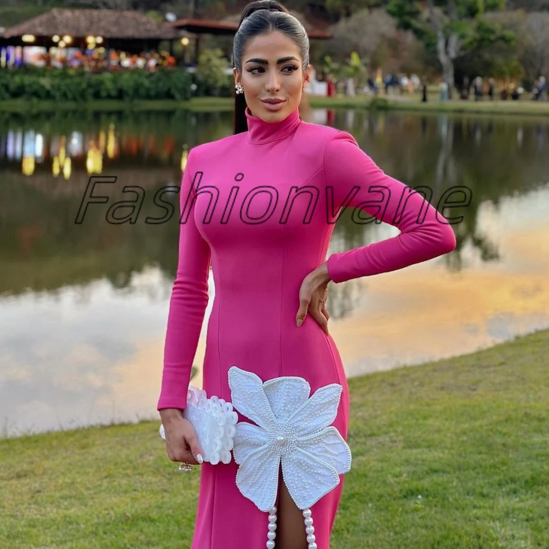 Maßgeschneiderte Ballkleider mit hohem Kragen, Saudi-Arabien, Damen-Abendkleid mit langen Ärmeln, Blumenperlen und Seitenschlitz, Cocktailparty-Kleider