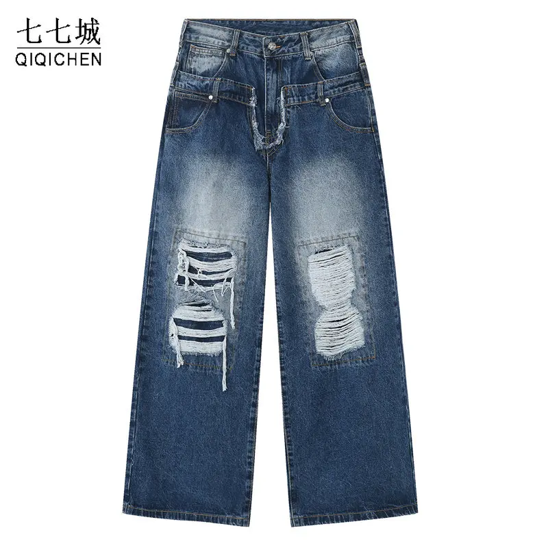 

Hip Hop Ripped Jeans Men Vintage Loose Wide Leg Patch Tassels Denim Pants High Street Baggy Black Trousers Unisex Streetwear