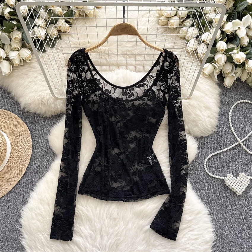 

New Spring Autumn Slim Women Short Blouse Girl Lace Shirt Long Sleeve O-neck Blousas Basic Tops Tees Pullovers Bottomings WZ2496