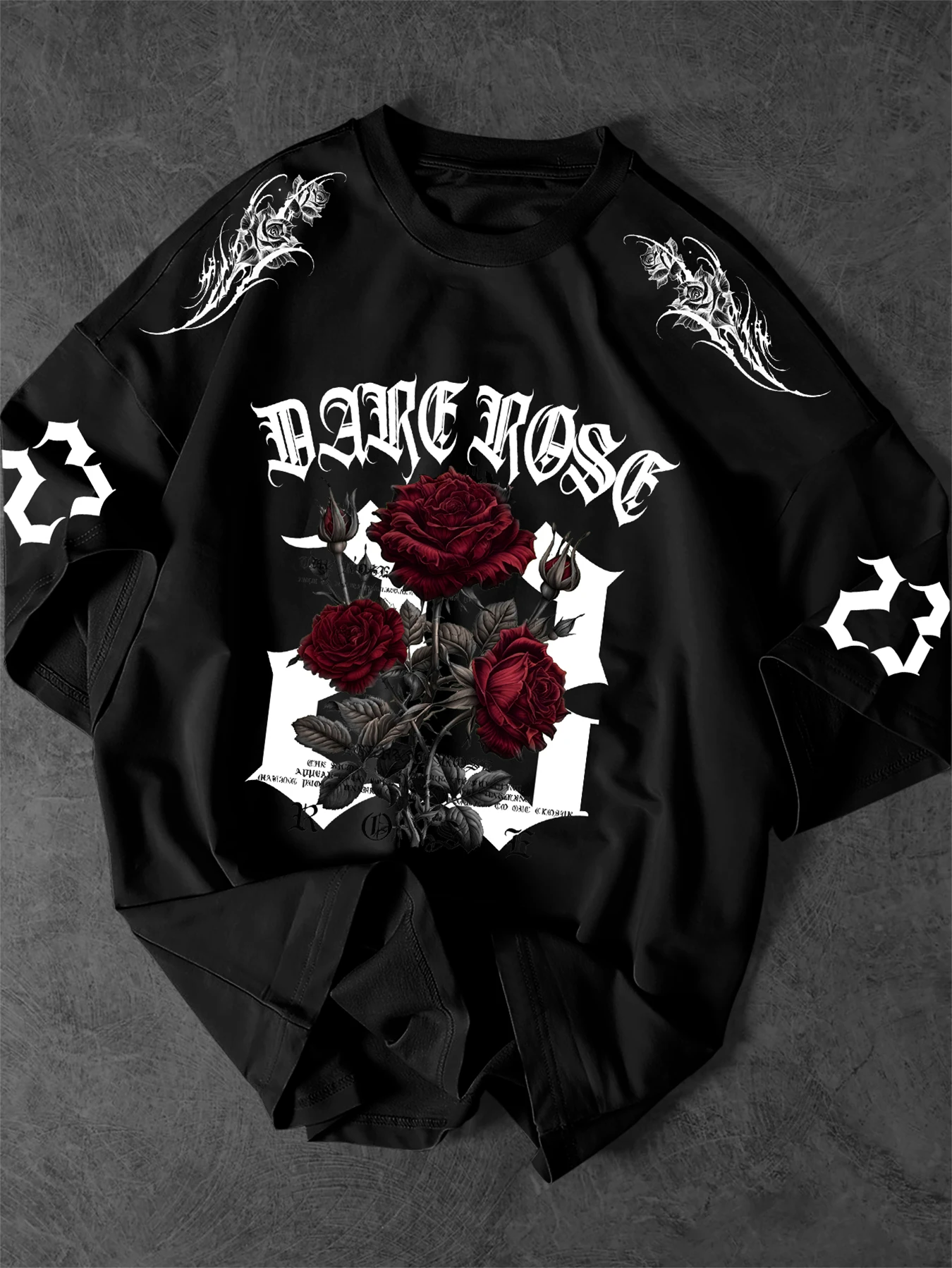 Dark Rose 23 Graphic T-Shirt Men Gothic Streetwear Crew Neck Short Sleeve Polyester Tops with Red Rose Bouquet Print S-2XL