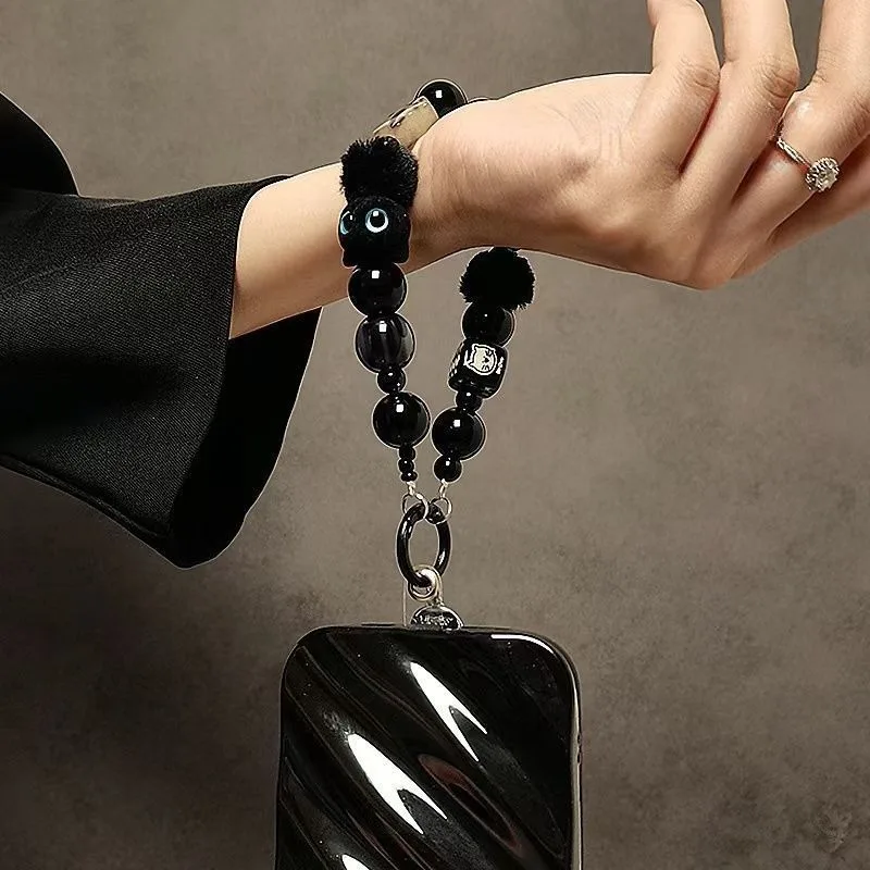 Niche Luxury Black Fluffy Cat Mobile Phone Strap with Beaded Handle Chain Wrist Anti-Theft Clip Bag Accessory