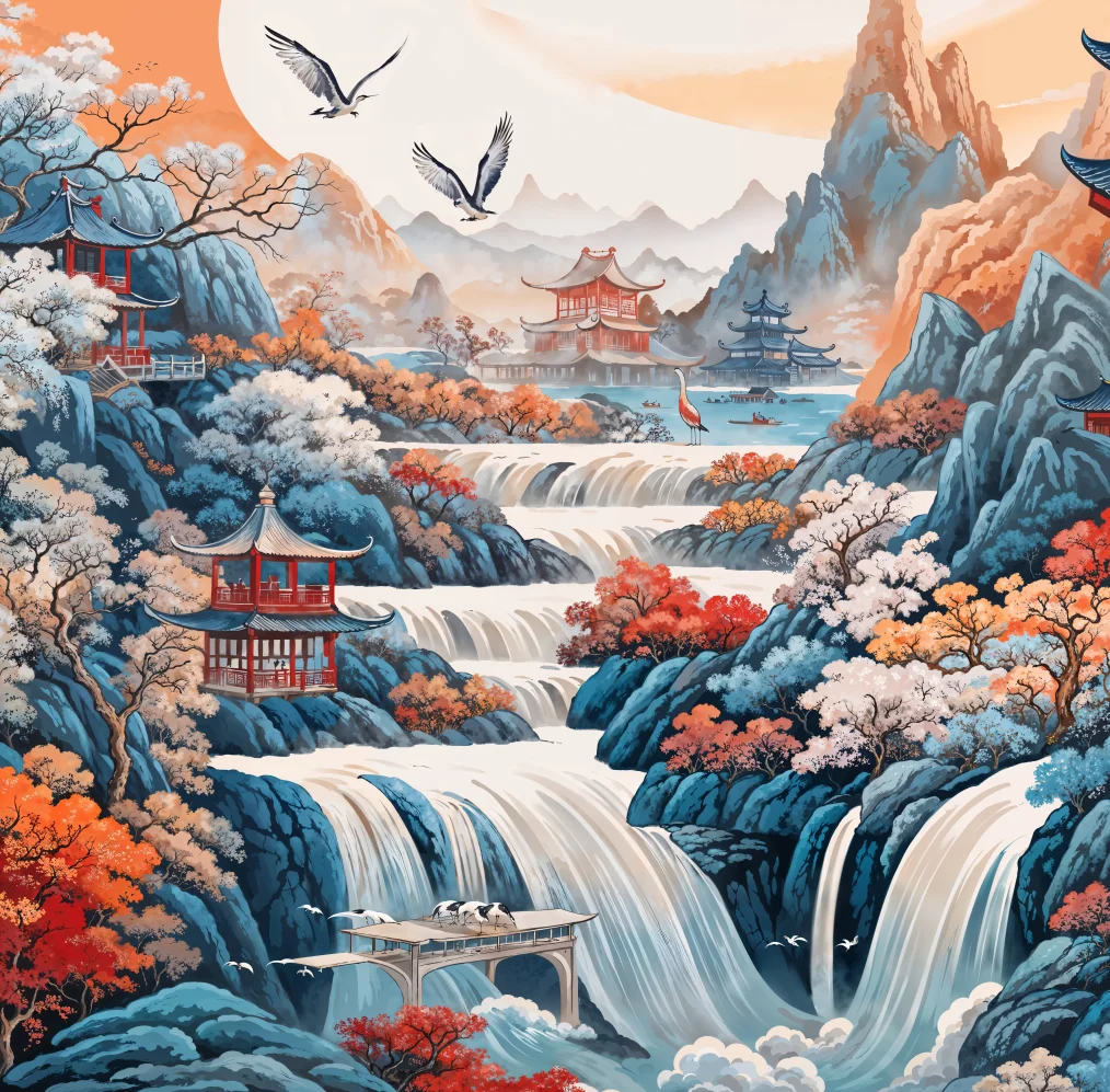 Customized Mural Painting Chinese Gongbi Painting Landscape Pavilion Attic Wallpaper Home Decoration Hand drawn 3d wallpaper