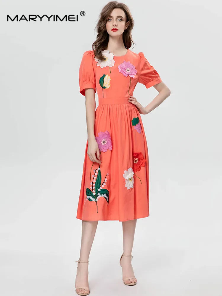 

MARYYIMEI New Fashion Runway Designer Women's Three-Dimensional Flower Embroidery Short Sleeve Slim-Fit Mid Length Elegant Dress