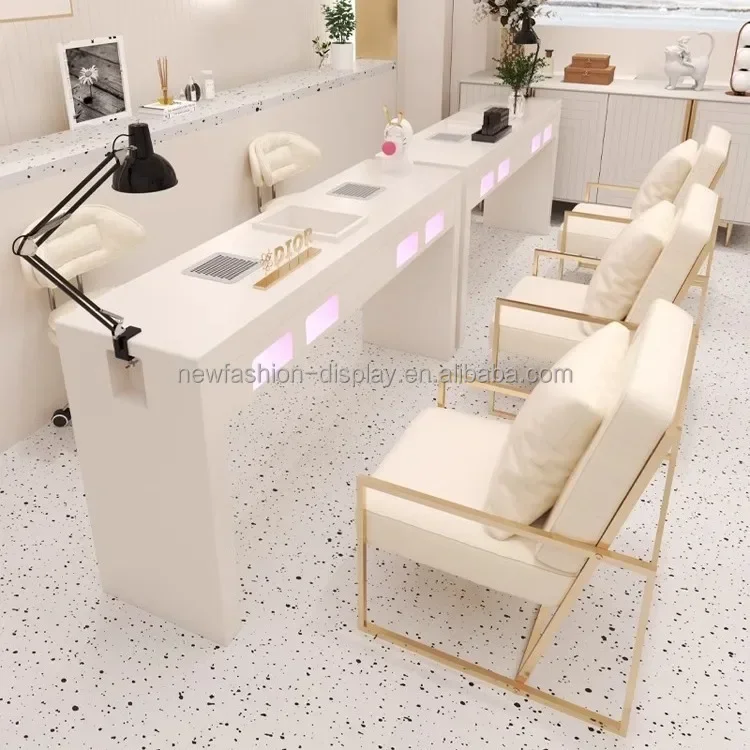 Cream Style Manicure Table and Chair Set Nail Tech Desk Manicure Table with Grill Lamp Socket Vacuum Cleaner