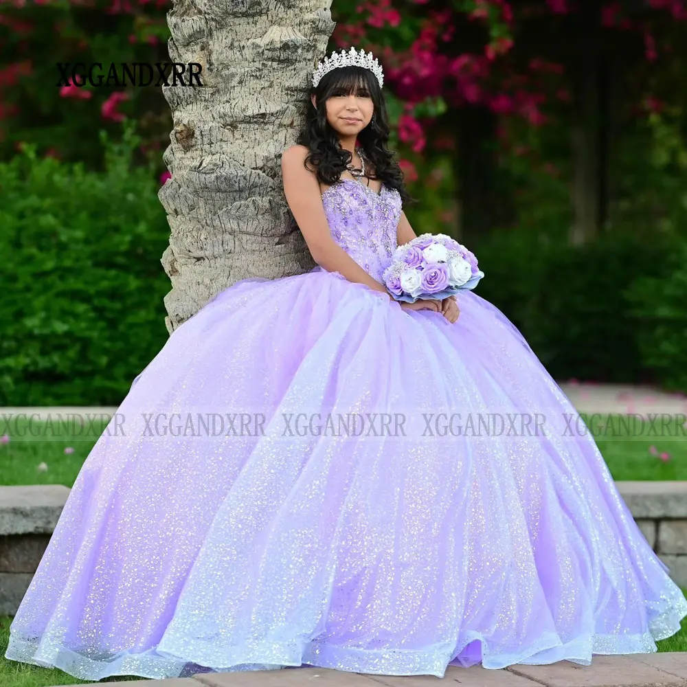 Vestido púrpura claro De Quinceañera XV, brillante, con cuentas, lentejuelas, para 15 Años, cumpleaños, dulce 16, 2024