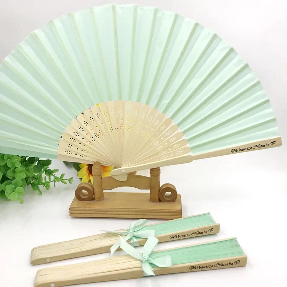 20/80 Pcs Wedding Held Hand Fan with Ribbon Bow Custom Printing Bride&Groom's Name and Date Bamboo Folding Silk Fabric Fans