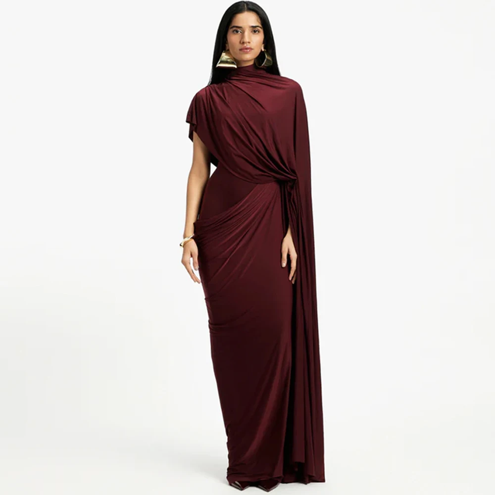 

High Quality High Neckline Shawl Prom Dress Customized Burgundy Pleats Evening Dresses Floor Length Formal Occasion Gowns