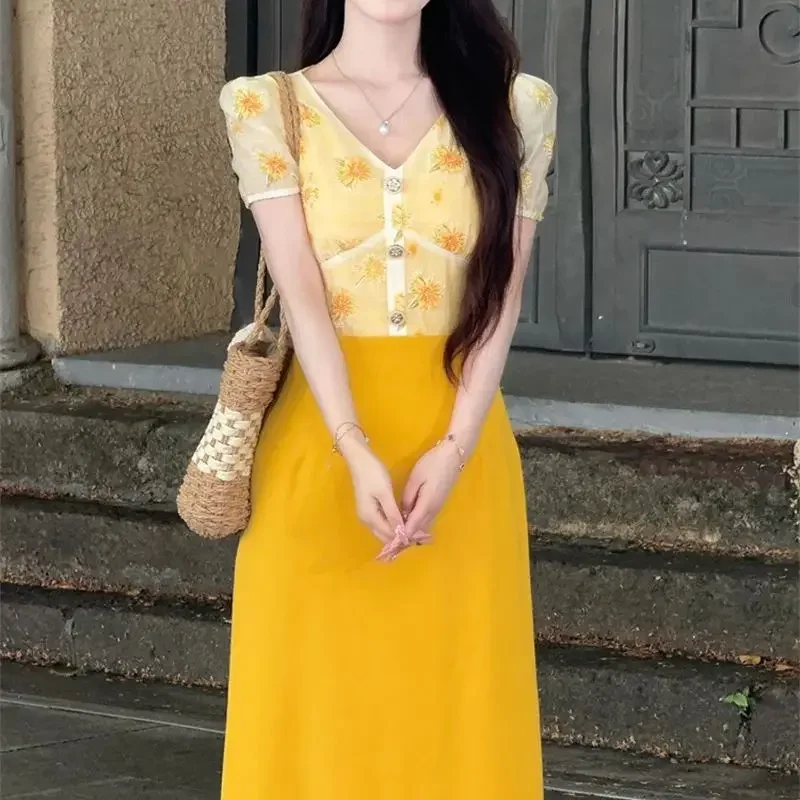 ใหม่แฟชั่นพิมพ์ลายดอกไม้ผู้หญิงฤดูร้อนแฟชั่น Patchwork เอวสูง Midi ชุด Slim Contrast สี Office Lady Vestidos