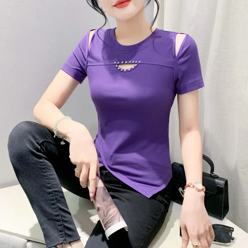 Fashion Hollow Out Diamond T-shirt For Women Sexy Off Shouler Short Sleeves Summer New Streetwear Girl Slim Irregular Top