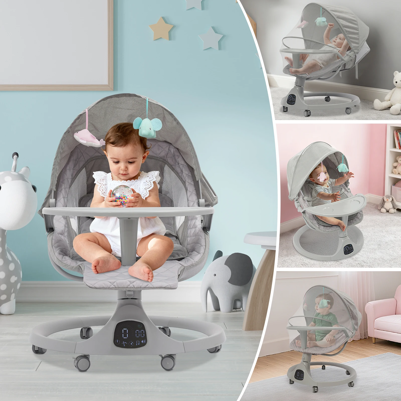 Bluetooth-Babywiege für Kleinkinder, Kinderwagen, 20 kg Tragfähigkeit mit Fernbedienung für Kinder im Alter von 0–18 Monaten