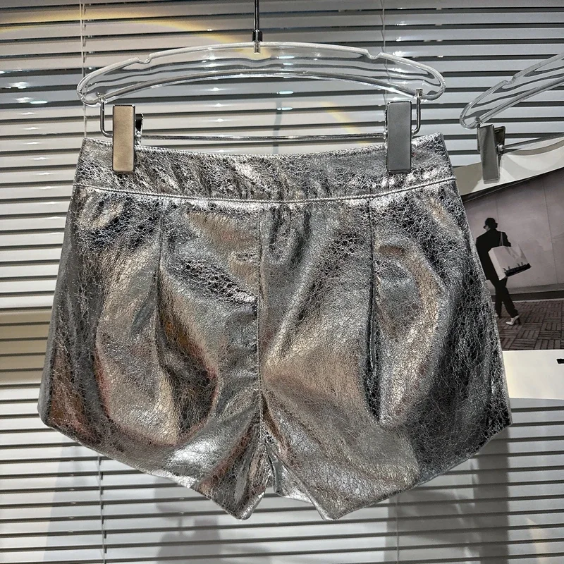 Sexy Sliver Hot Pants Tinfoil Texture Nightclub Party Spicy Girl Slim Fit A Line Button Shorts Street Y2K Female Trend Black