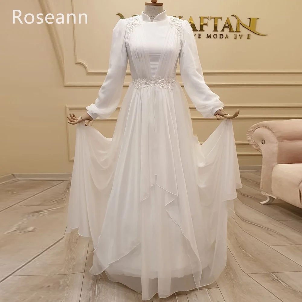 Vestidos de novia de línea a de marfil Retro musulmán, apliques de cinturón de flores, cuello alto de tul, vestidos de novia completos, longitud hasta el suelo