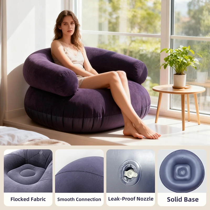 6 Colors Inflatable U-shaped Lazy Sofa with Armrests Living Room Outdoor Lounge Chair Portable Flocking PVC Inflatable Sofa