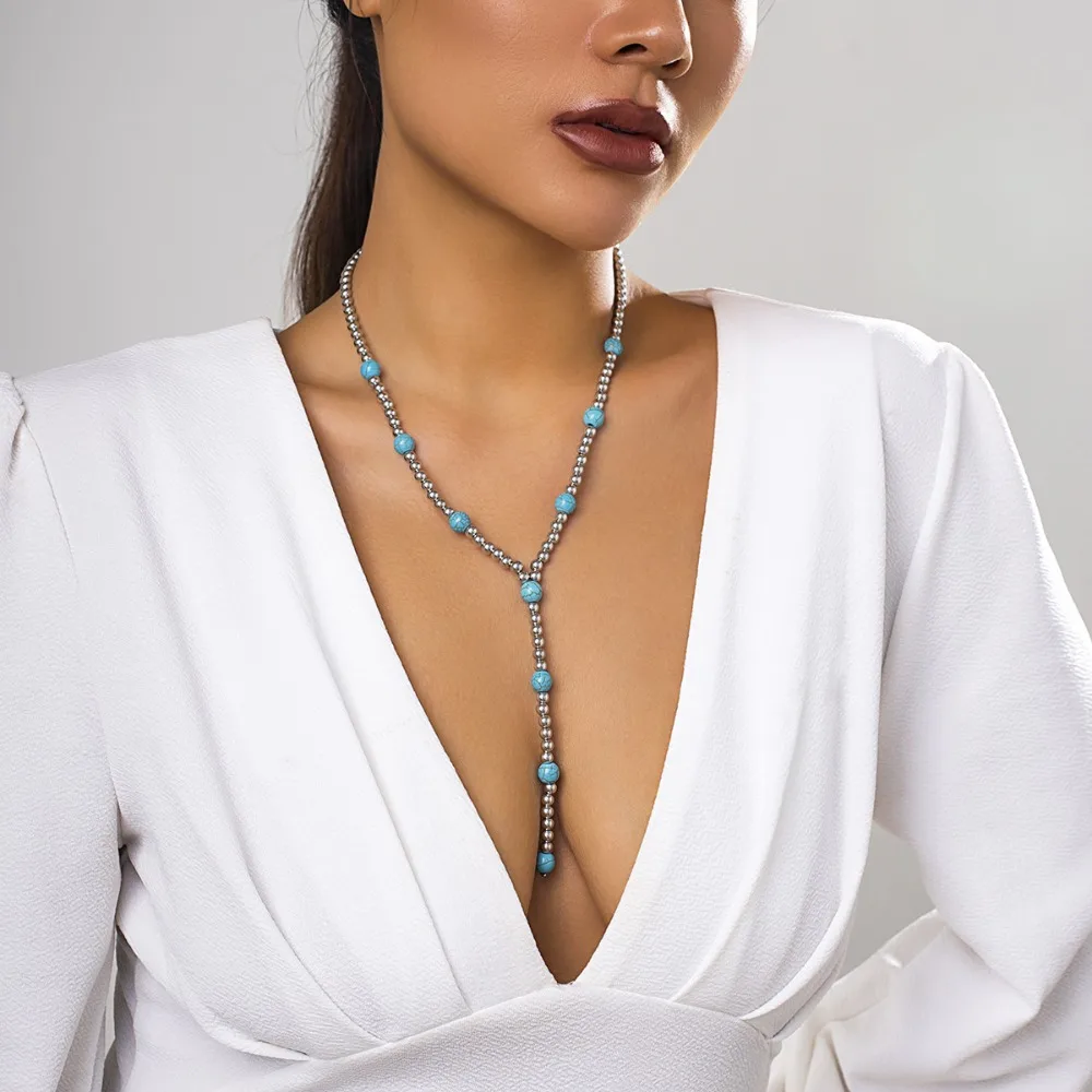 Retro Ethnic Style Sliver Color Round Bead Turquoise Beaded Y Chain Necklace for Women Fashion Personality Collar Chain Jewelry