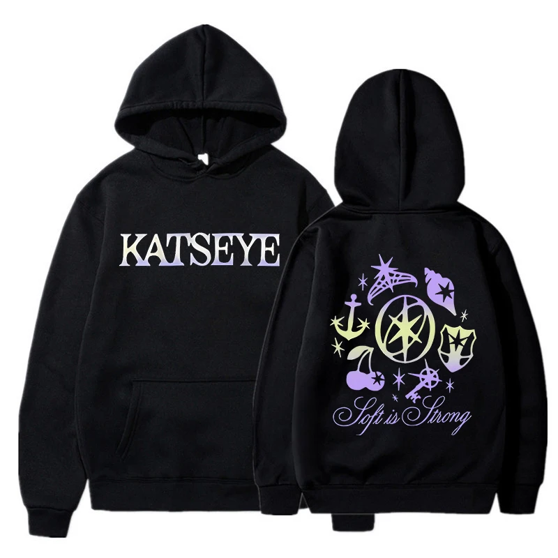Men Streetwear Black Hoodie Gradient Mixed‑Symbol Chest Letter Shell Anchor Star Cherry Doodle Back Cursive Slogan Loose Hooded
