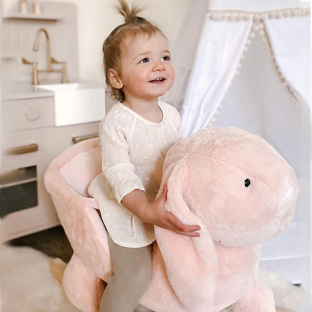 Rabbit Wooden Rocking Horse with Simulated Sound, Wooden Base, Seat Belt, Plush Stuffed Rocking Chair for Baby, Toddler