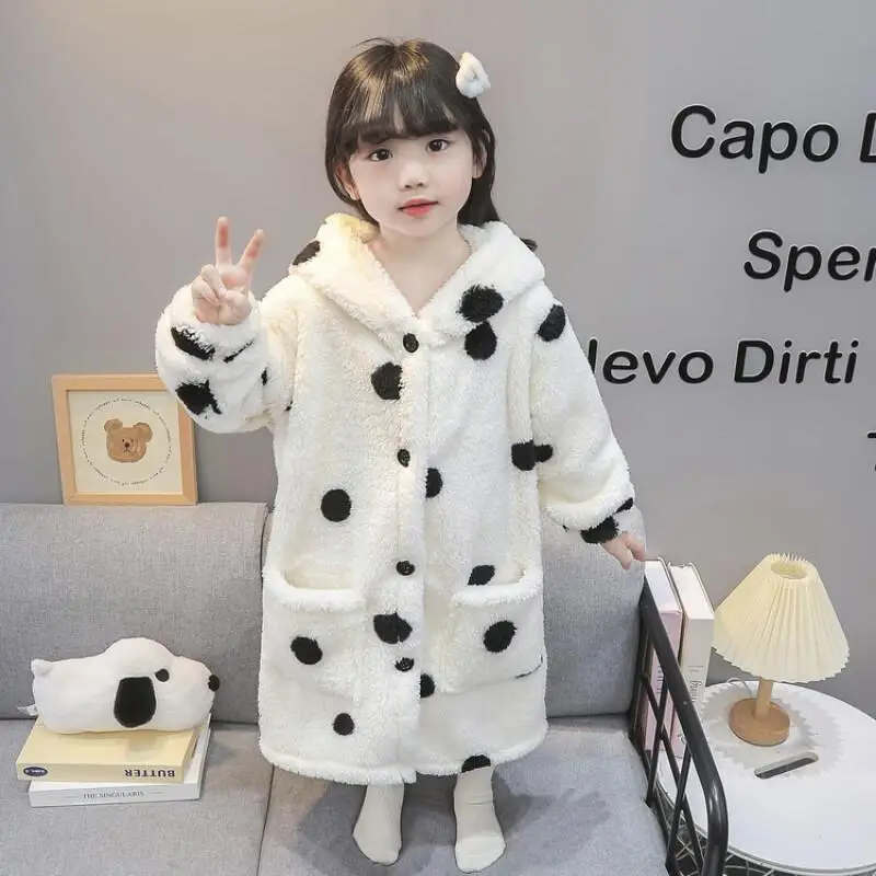 Girl Winter Robe Hooded Pajamas Mid-Length Flannel Bathrobe Child Versatile Kawaii Fashion New Style Casual Clothing Homewear