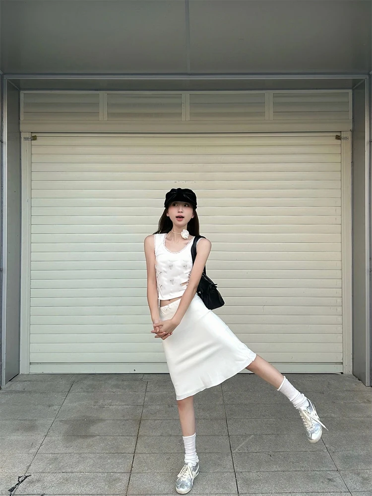 

Low-Waist Lace Trim Skirt Women Spring Summer Pure Desire Sexy Small Bow Knot Gored Skirt A-Line Midi Skirt