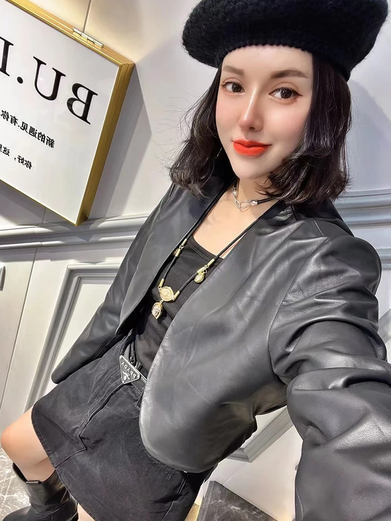 Abrigo largo Jaet de cuero ajustado para mujer, abrigo de piel auténtica de piel auténtica, diseño coreano Sle, principios de otoño 2024