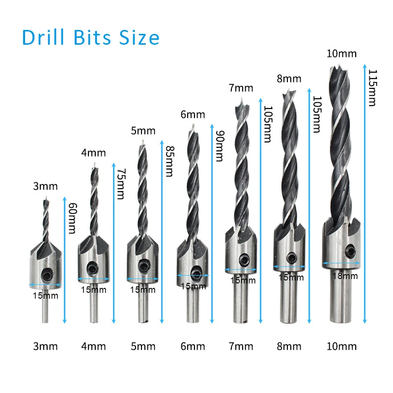 5/8pcs 3mm-10mm HSS Countersink Drill Bit Set Reamer Woodworking Chamfer Drill Counterbore Pliot Hole Cutter Screw Hole Drill