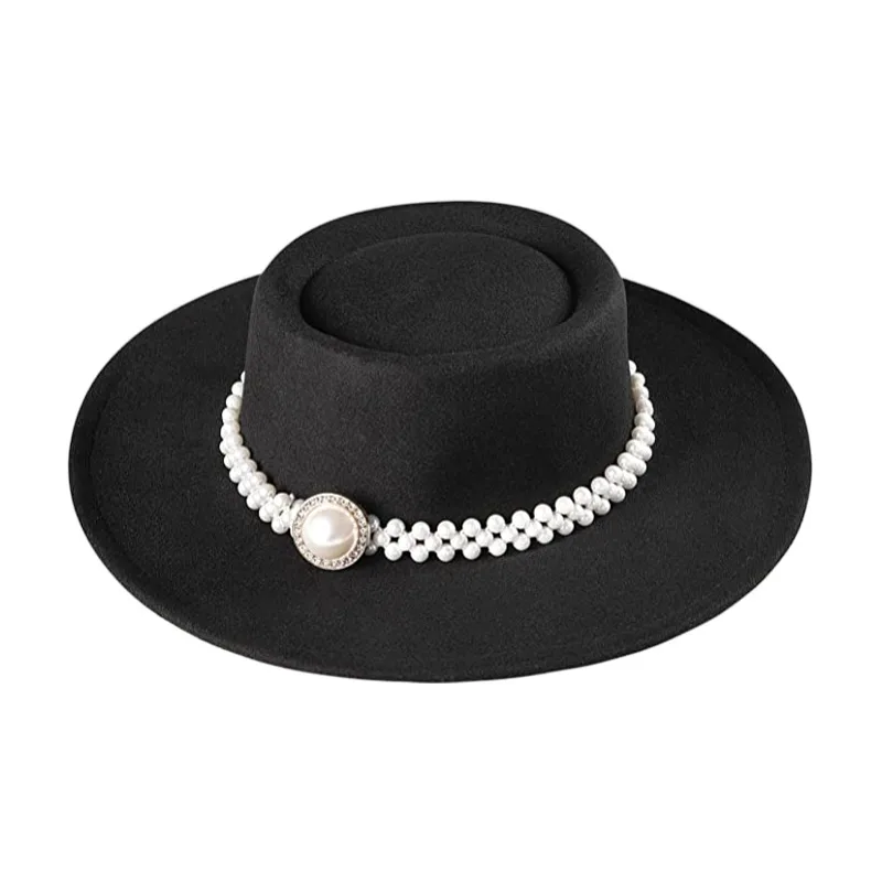 Women White Fedora Pork Pie Hat Felt Wide Brim Vintage Top Hat with Pearl Belt Wide Brim Panama Trilby Cap Autumn winter