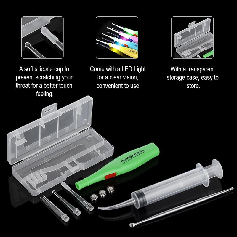 LED Light Earpick Tonsil Stone Remover Kit Irrigation Syringe with Storage Box