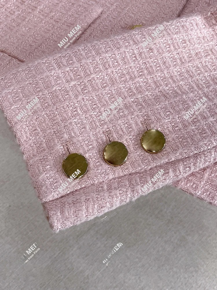 Miumem Premium dames winterfaion omgedraaide kraag roze tweed open vest jas ort bovenkleding losse pasvorm knopontwerp