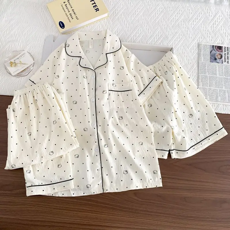 Sanrio Cotton Pajamas 3 Piece Hello Kitty Pyjamas Y2K Shorts Pant Long Sleeve Sleepwear Summer Pijama Kawaii Negligee Home Suit