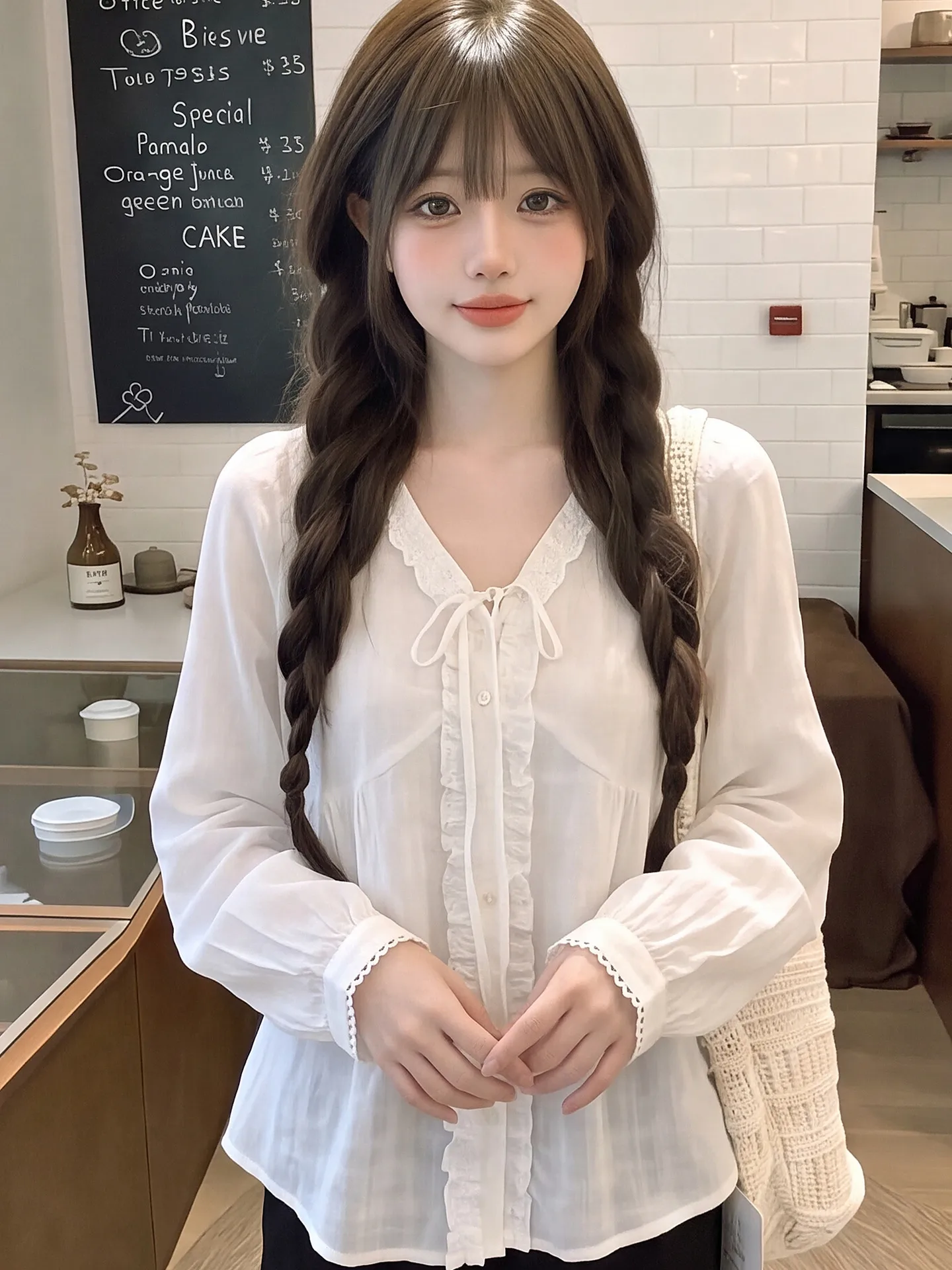 Sweet Style White V-Neck Tie Waist Long Sleeve Shirt Women's Early Autumn Unique Versatile High-End Feelings Chiffon Blouse