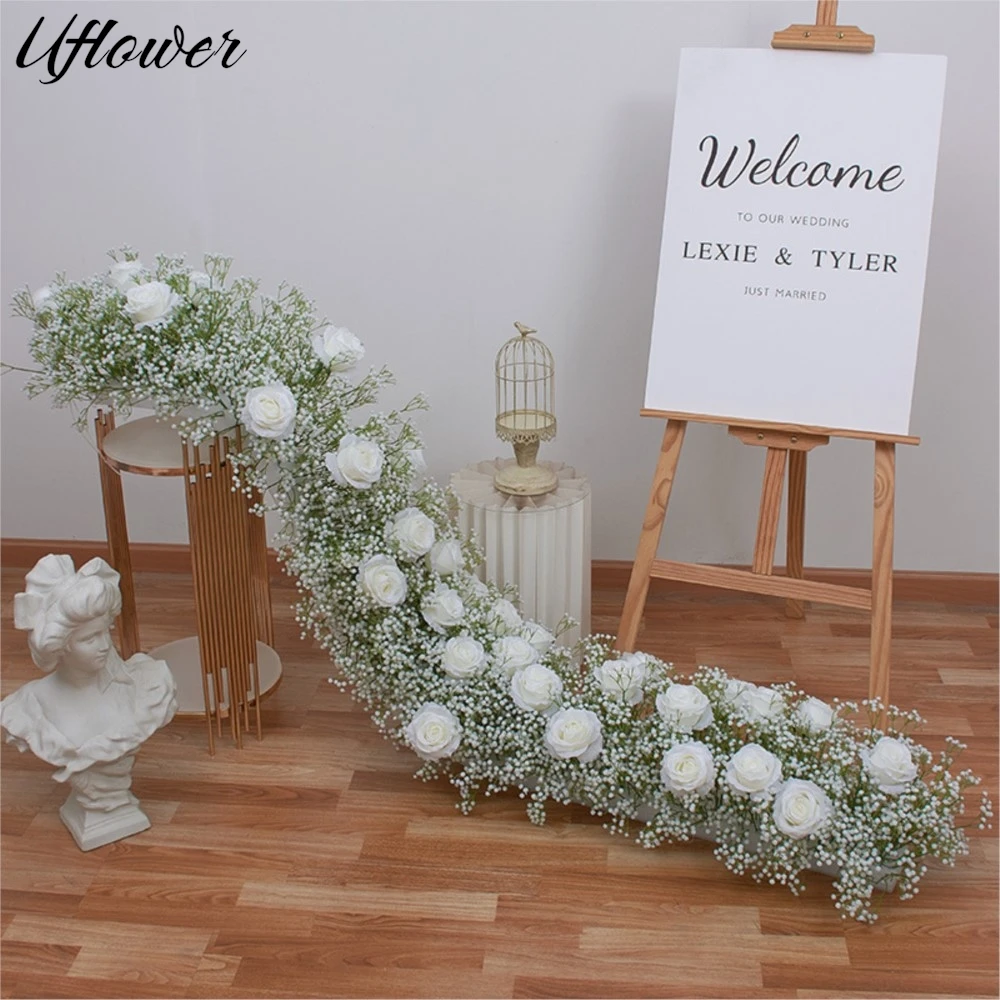 

Uflower 2m Luxury Gypsophila Artificial Flower Wedding Decor Table Long Runner Flower Row Floral Backdrop Arrangement Arch Decor